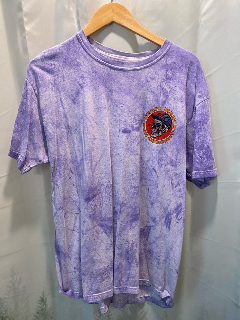 DMRC Death March Running Company Purple Tie-Dye Short Sleeve Tee with Skull Logo